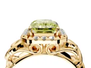 Halo Engagement Ring Setting for Fancy Yellow Radiant Cut Center with Open Scroll Shoulders and Prong Head in Yellow Gold