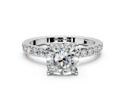 Solitaire Engagement Ring Setting for Cushion Cut Center with Round Cut Pave Band and Prong Head in Platinum