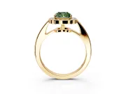 Bezel-Framed Halo Engagement Ring Setting for Fancy Green Cushion Cut Center with Pave Band and Prong Head in Yellow Gold