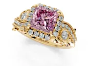 Bypass Halo Engagement Ring Setting for Fancy Pink Princess Cut Center with Bezel Accents, Milgrain and Prong Head in Yellow Gold