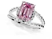 Halo Engagement Ring Setting for Fancy Pink Emerald Cut Center with Rope Twist Split Shank and Prong Head in Platinum