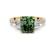 3 Stone Engagement Ring Setting for Fancy Green Radiant Cut Center with Round Cut Side Accents and Prong Head in Yellow Gold