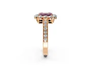 Halo Engagement Ring Setting for Fancy Pink Emerald Cut Center with Milgrain Channel Band and Prong Head in Rose Gold