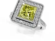 Halo Engagement Ring Setting for Fancy Yellow Princess Cut Center with Milgrain Frame, Pave Band and Prong Head in White Gold
