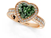 Milgrain Halo Engagement Ring Setting for Fancy Green Heart-Shaped Center with Wide Pave Band and Prong Head in Rose Gold