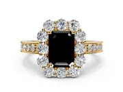 Halo Engagement Ring Setting for Fancy Black Emerald Cut Center with Milgrain Channel Band and Prong Head in Yellow Gold