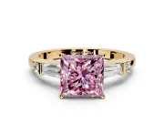 Bar-Set Engagement Ring Setting for Fancy Pink Princess Cut Center with Tapered Baguette Accents and Prong Head in Yellow Gold