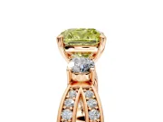 3 Stone Engagement Ring Setting for Fancy Yellow Cushion Cut Center with Pave Twist Band and Prong Head in Rose Gold