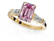 Bar-Set Engagement Ring Setting for Fancy Pink Emerald Cut Center with Tapered Baguette Accents and Prong Head in Yellow Gold