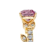Leaf Motif Engagement Ring Setting for Fancy Pink Cushion Cut Center with Pave Band and Prong Head in Yellow Gold