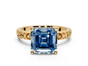 Solitaire Engagement Ring Setting for Fancy Blue Asscher Cut Center with XO Engraved Band and Prong Head in Yellow Gold