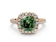 Halo Engagement Ring Setting for Fancy Green Cushion Cut Center with Raised Halo, Pave Band and Prong Head in Rose Gold