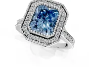 Halo Engagement Ring Setting for Fancy Blue Radiant Cut Center with Milgrain Frame, Pave Band and Prong Head in Sterling Silver