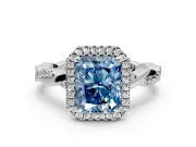 Halo Engagement Ring Setting for Fancy Blue Radiant Cut Center with Pave and Plain Twist Band and Prong Head in White Gold