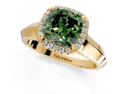 Halo Engagement Ring Setting for Fancy Green Cushion Cut Center with Knife Ridge Cathedral Band and Prong Head in Yellow Gold