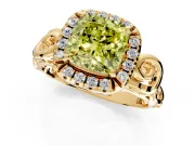 Halo Engagement Ring Setting for Fancy Yellow Cushion Cut Center with Open Scroll Shoulders and Prong Head in Yellow Gold