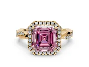 Halo Engagement Ring Setting for Fancy Pink Asscher Cut Center with Pave and Plain Twist Band and Prong Head in Yellow Gold