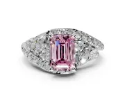 Halo Engagement Ring Setting for Fancy Pink Emerald Cut Center with Marquise and Pave Bypass Band and Prong Head in White Gold
