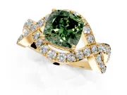 Halo Engagement Ring Setting for Fancy Green Cushion Cut Center with Pave Infinity Twist Band and Prong Head in Yellow Gold