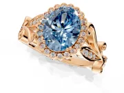 Halo Engagement Ring Setting for Fancy Blue Oval Center with Leaf Motif Split Shank and Prong Head in Rose Gold
