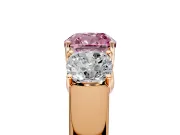 3 Stone Engagement Ring Setting for Fancy Pink Cushion Cut Center with Raised Basket Heads and Prong Head in Rose Gold