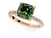 Solitaire Engagement Ring Setting for Fancy Green Cushion Cut Center with Fine Pave Narrow Band and Prong Head in Rose Gold