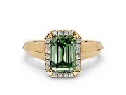 Halo Engagement Ring Setting for Fancy Green Emerald Cut Center with Knife Ridge Cathedral Band and Prong Head in Yellow Gold