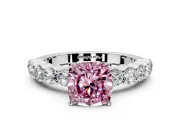 Shared-Prong Engagement Ring Setting for Fancy Pink Cushion Cut Center with Graduated Accents and Prong Head in Platinum