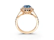 Double Halo Engagement Ring Setting for Fancy Blue Round Cut Center with Narrow Pave Split Shank and Prong Head in Rose Gold