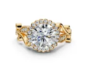Halo Engagement Ring Setting for Round Cut Center with Leaf Motif Split Shank and Prong Head in Yellow Gold