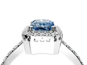 Halo Engagement Ring Setting for Fancy Blue Radiant Cut Center with Inner Milgrain Border and Prong Head in Sterling Silver