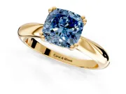 Solitaire Engagement Ring Setting for Fancy Blue Cushion Cut Center with Reverse Tapered Band and Prong Head in Yellow Gold
