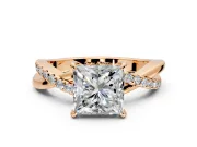 Crossover Engagement Ring Setting for Princess Cut Center with Pave and Plain Strands and Prong Head in Rose Gold