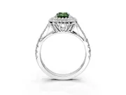 Double Halo Engagement Ring Setting for Fancy Green Emerald Cut Center with Narrow Pave Split Shank and Prong Head in White Gold
