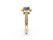 Milgrain Halo Engagement Ring Setting for Fancy Blue Cushion Cut Center with Three-Sided Pave Band and Prong Head in Yellow Gold