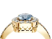 Halo Engagement Ring Setting for Fancy Blue Pear-Shaped Center with Heart-Shaped Openwork, Pave Band and Prong Head in Yellow Gold