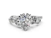 Leaf Motif Engagement Ring Setting for Pear-Shaped Center with Pave Band and Prong Head in Sterling Silver