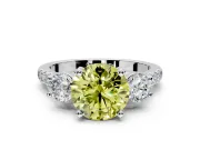 3 Stone Engagement Ring Setting for Fancy Yellow Round Cut Center with Crossover Basket, Pave Band and Prong Head in Sterling Silver