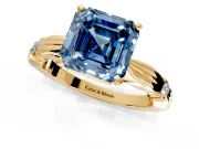 Solitaire Engagement Ring Setting for Fancy Blue Asscher Cut Center with Carved Leaf Shoulders and Prong Head in Yellow Gold