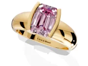 Tension Engagement Ring Setting for Fancy Pink Emerald Cut Center with Wide Flat Band and Tension Head in Yellow Gold