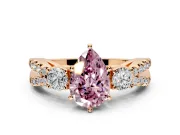 3 Stone Engagement Ring Setting for Fancy Pink Pear-Shaped Center with Pave Split Shank and Prong Head in Rose Gold