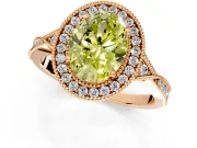 Halo Engagement Ring Setting for Fancy Yellow Oval Center with Milgrain Rim, Pave Band and Prong Head in Rose Gold