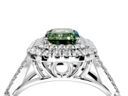 Double Halo Engagement Ring Setting for Fancy Green Emerald Cut Center with Narrow Pave Split Shank and Prong Head in White Gold