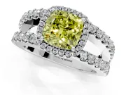Halo Engagement Ring Setting for Fancy Yellow Cushion Cut Center with Wide-Open Pave Split Shank and Prong Head in Platinum
