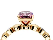 Solitaire Engagement Ring Setting for Fancy Pink Emerald Cut Center with Beaded Bezel Station Band and Prong Head in Yellow Gold