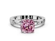 Solitaire Engagement Ring Setting for Fancy Pink Cushion Cut Center with Channel Baguette Band and Prong Head in Sterling Silver