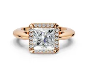 Halo Engagement Ring Setting for Princess Cut Center with Tapered Plain Band and Prong Head in Rose Gold