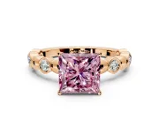 Solitaire Engagement Ring Setting for Fancy Pink Princess Cut Center with Beaded Bezel Station Band and Prong Head in Rose Gold