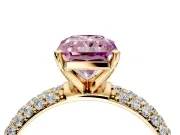 Solitaire Engagement Ring Setting for Fancy Pink Radiant Cut Center with Domed Multi-Row Pave Band and Prong Head in Yellow Gold
