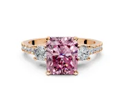 3 Stone Engagement Ring Setting for Fancy Pink Radiant Cut Center with Round Cut Side Accents and Prong Head in Rose Gold